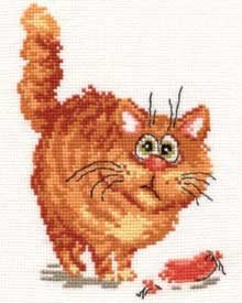Kryželių rinkinys oranžinė katė 25×20 cm, priekinėje pusėje su raudona žuvimi, idealus kaip dovana
