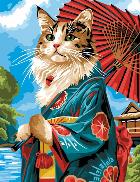 Drobė su katės portretu vilkinčia japonišką kimono ir raudonu skėčiu, ryškūs mėlyni bei raudoni tonai, vertikalus 50×70 cm variantas