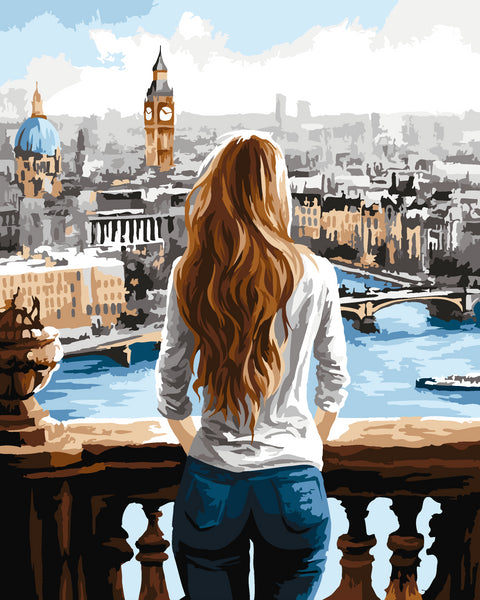 Paveikslas: moteris iš nugaros su ilgais rudais plaukais žvelgianti į Londono Tiltų panorama, 40x50 cm