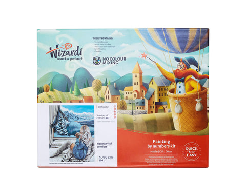 piešimo pagal skaičius rinkinys Wizardi 40×50 cm „Harmony of comfort“ – dėžutės priekinė dalis su moterimi žiūrinčia pro langą į snieguotą peizažą