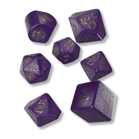 Violetinis lama RPG kauliukų rinkinys 7vnt su auksinėmis graviūromis Q-Workshop