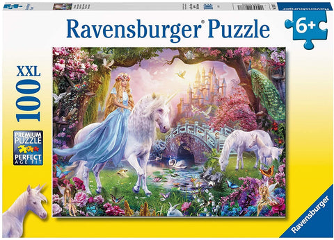 Dėlionė Ravensburger 1000 dalių XXL su pasakų scenos vaizdu: princese ant vienaragio, pilimi ir gėlių fone