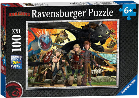 Dėlionė Ravensburger 100 dalių XXL su How to Train Your Dragon herojais, Toothless centre, dėžutės priekinis dizainas