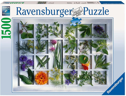 Puzzle Ravensburger 1500 dalių, dėžutės priekis su baltu tinkleliu ir įvairiaspalvėmis žolelių bei gėlių kompozicijomis
