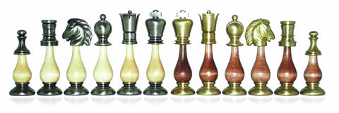 Didelės žalvarinės/medinės šachmatų figūros. Aukštis: 10cm., diametras: 2,9cm.