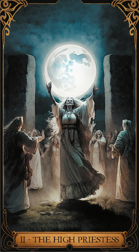 tarot korta Aukščiausioji kunigė — paslaptinga mėnulio scena su kylancia kunige centre ir akmeniniais stulpais