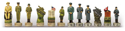 Kolekciniai šachmatų figūros, rankų dažytos Antrojo pasaulinio karo kareivių, tankų ir paminklų detalėmis, priekinis išdėstymas