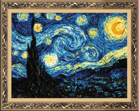 Deimantinė mozaika „Žvaigždėta naktis“ mėlynų atspalvių, pilnai užpildyta, pateikta su auksiniu ornamentiniu rėmu, 60×40 cm