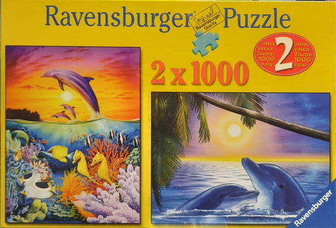 puzlė 2 x 1000 dalių Ravensburger: du dizainai – delfinai prie saulėlydžio ir ryškus koralinis rifas