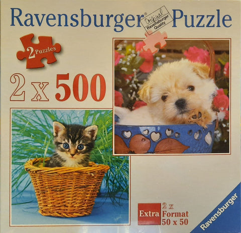 Dėlionė Ravensburger 2×500 dalių dėžutė su šuniuku ir kačiuku, spalvingomis detalėmis ir didelėmis 50×50 cm formatu
