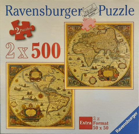 Dėlionė Ravensburger 2 x 500 dalių su dviem antikinių geltonų žemėlapių variantais, papildomas 50×50 cm formatas