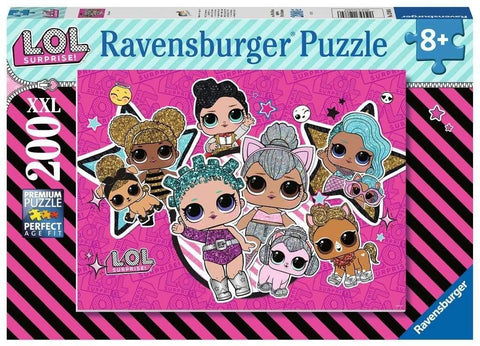 Dėlionė Ravensburger LOL Surprise XXL 200 det., rožinė pakuotė su blizgančiomis lėlytėmis ir gyvu centriniu piešiniu vaikams