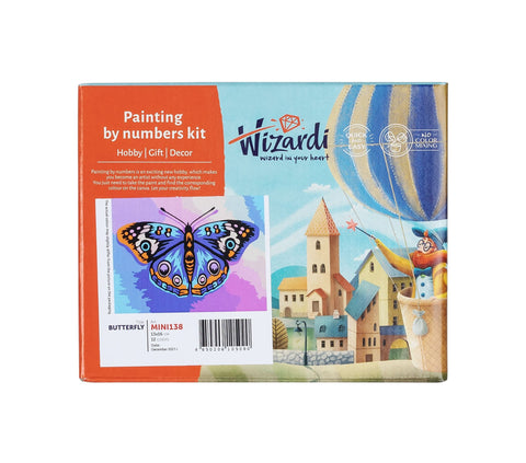 Tapymo rinkinys pagal skaičius Wizardi 13×16 cm, 12 spalvų; pakuotės priekyje spalvingas drugelis ir miestelio su balionu iliustracija