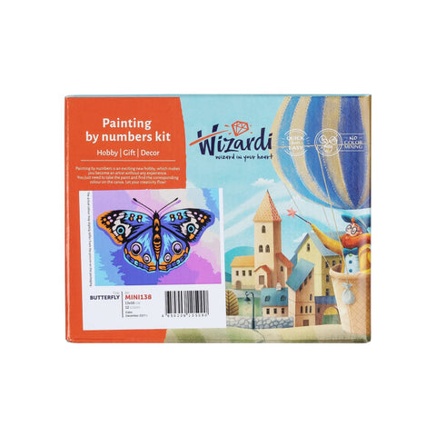 Dažymo pagal skaičius rinkinys Wizardi „Drugelis“ mini, ryškūs violetiniai ir mėlyni tonai ant pakuotės priekinės dalies