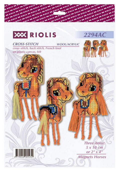 Magnetai Riolis — oranžiniai arkliukai su kutais, komplektas 3 vnt., siuvinėti vilna/akriliu, 5×10 cm