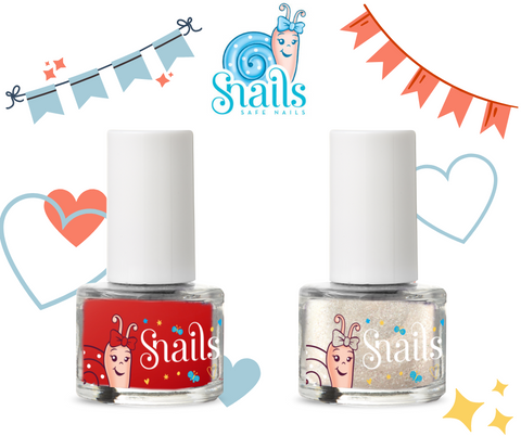 Snails Mini Žaisk rinkinys vaikams – vandens pagrindo nagų lakai, raudona + balta su blizgučiu, 2x7 ml, su dovanų maišeliu