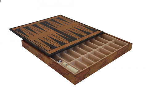 Nardų lenta su atverčiamu dangčiu ir skyriais žetonams, ruda medžio tekstūra su juodais raštais