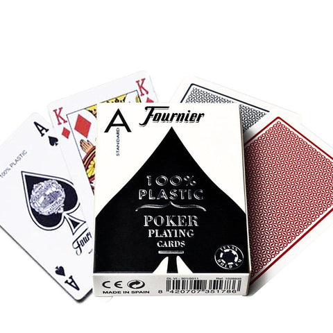 Pokerio kortos Fournier 100% plastikinės, standartinio dydžio, dėžutės priekis su išskleistomis raudonomis ir mėlynomis nugarėlėmis
