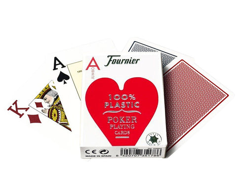 pokerio kortos Fournier, baltame dėkle su dideliu raudonu širdies logotipu, šiek tiek atverstos, parodytos tūzas ir karalius bei raudonos ir mėlynos nugarėlės