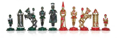 CAMELOT: metalinės nuspalvintos šachmatų figūros. Aukštis 9cm., diametras: 3,2cm.