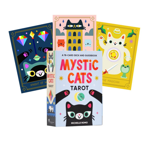 Tarot kortos Mystic Cats — spalvingas 78 kortų rinkinys su gidų knygele ir trimis skirtingų kačių tarot kortomis