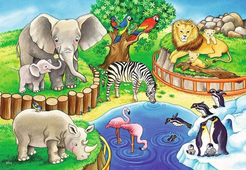 dėlionė su zoologijos sodo gyvūnais — spalvinga scena su drambliu, raganosiumi, zebru, liūtu ir pingvinais