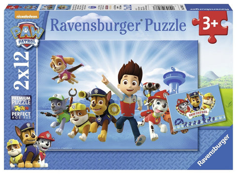 Dėlionė Ravensburger Paw Patrol 2x12 d., skirta 3+ vaikams, spalvinga dėžutė su skriejančiais herojais ir Ryderiu