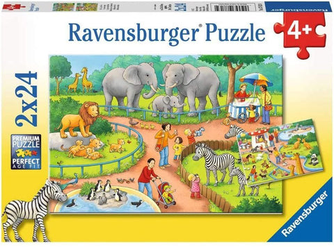 Ravensburger dėlionė 2x24 dalių, spalvingas zoologijos sodo iliustracija su dramblių, liūtų ir zebrų, pakuotės priekyje