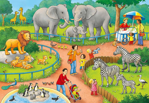 Dėlionė su gyvūnų zoo scena: dramblių, liūtų, zebrų, pingvinų ir lankytojų ryškiais, detaliais piešiniais