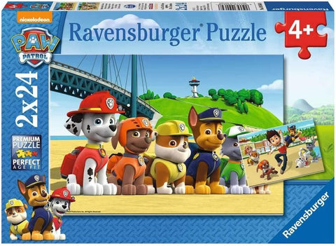 Dėlionė Ravensburger Paw Patrol 2x24 dalių, vaikams 4+, dėžutės paveikslas su patrulių šuniukais ant paplūdimio