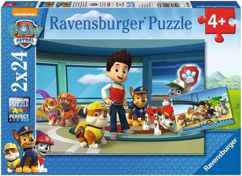 dėlionė Ravensburger Paw Patrol 2x24 dalių, mėlynas pakuotės priekinis vaizdas su veikėjais vaikams nuo 4 m.