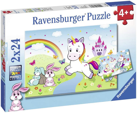Dėlionė Ravensburger 2x24 gab., spalvota vienaragio scena su vaivorykšte ir pilnu dėžutės priekiu, vaikams 4+