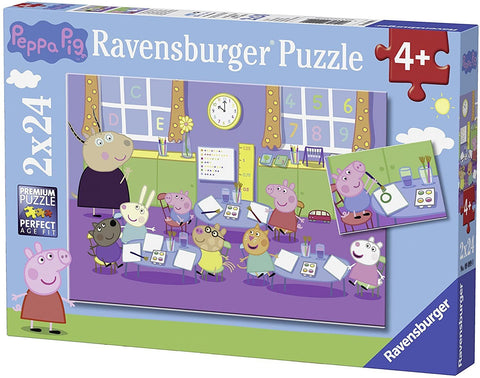 Peppa Pig dėlionė Ravensburger 2x24 dalių, mėlygoje dėžėje, vaikų klasės scena su piešiančiais personažais
