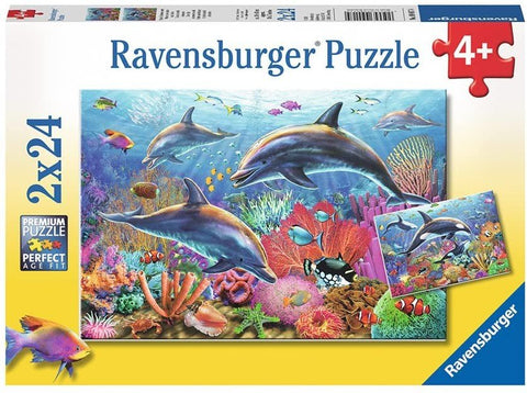 Ravensburger dėlionė 2x24 d., spalvinga povandeninė scena su delfinais, skirta vaikams nuo 4 metų