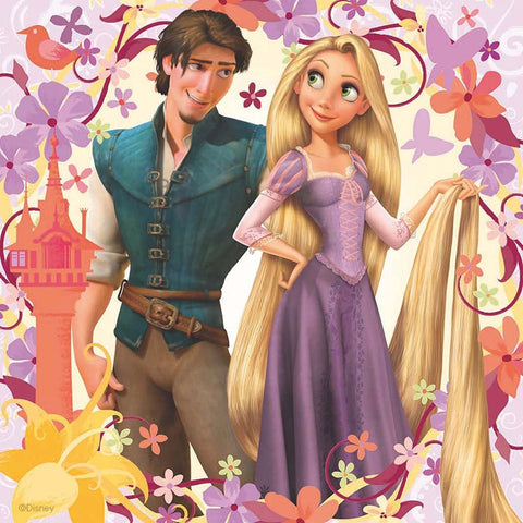 Rapunzel sienų lipdukas su Flynn Ryderiu, ilga auksine kasa ir violetine suknele, gėlių rėmas šventėms