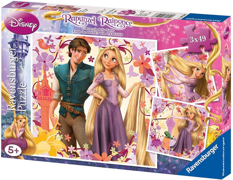 Dėlionė Ravensburger Disney 'Rapunzel' 3×49 detalių, rožinė‑violetinė dėžutė su Rapunzel ir Flynu centre.