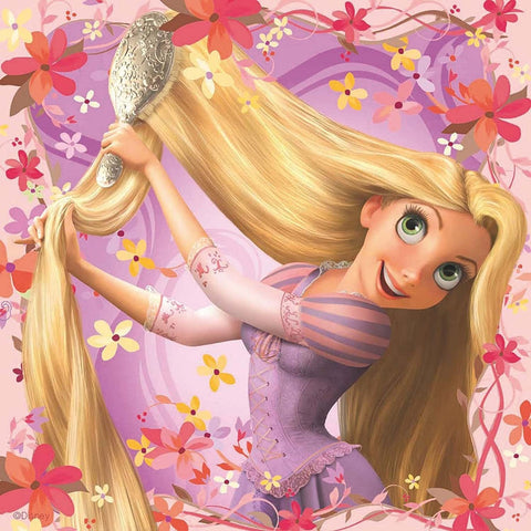 Plakatas Rapunzel — Disney princesė su ilgais auksiniais plaukais šukuojasi juos sidabrine šukomis gėlių fone
