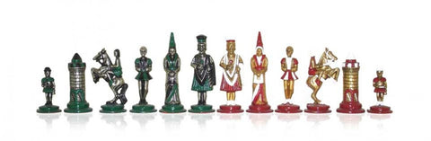 CAMELOT: metalinės spalvintos šachmatų figūros. Aukštis: 6,7cm., diametras: 2,4cm.