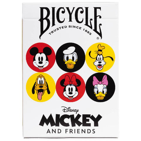 Kortų kaladė Bicycle Disney Mickey and Friends — balta priekinė pakuotė su šešiais spalvotais apskritimais, kuriuose Mickey, Donald, Goofy, Pluto, Minnie ir Daisy