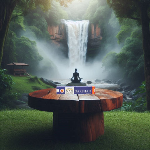 Smilkalai Darshan Nag, violetinė dėžutė ant apvalaus medinio stalo prie krioklio, skirti meditacijai ir atsipalaidavimui