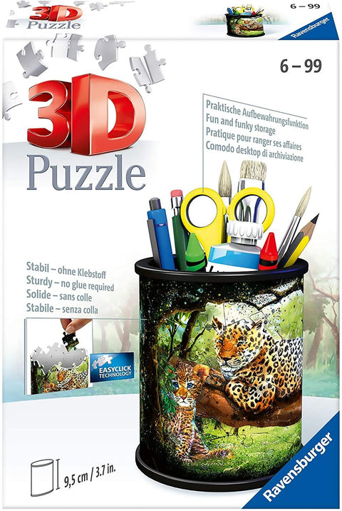 3D dėlionė Ravensburger — 9,5 cm cilindrinis pieštukų laikiklis su gelsvai-rudu leopardų motyvu, surenkamas