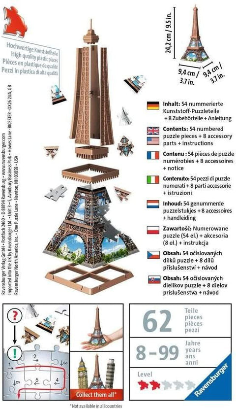 3D Mini Puzzle - Eiffel Tower Building 54 Piece Puzzle - RAVENSBURGER 3D dėlionėHOBI.LT 🇱🇹