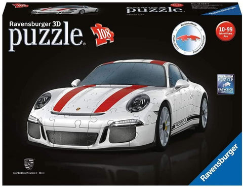 3D dėlionė Ravensburger: balta Porsche su dviem raudonomis juostomis, 108 dalių, priekinis kampas