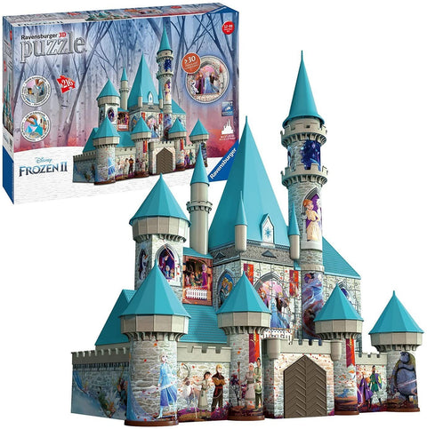 3D dėlionė Ravensburger Frozen II pilis, surinkta 216 dalių, turkio spalvos bokštų stogai ir pakuotė fone