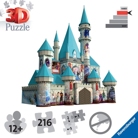 3D dėlionė pilis su mėlynais bokštų stogais ir Frozen herojais, 216 dalių, matoma iš priekio, sudėtingesnė versija