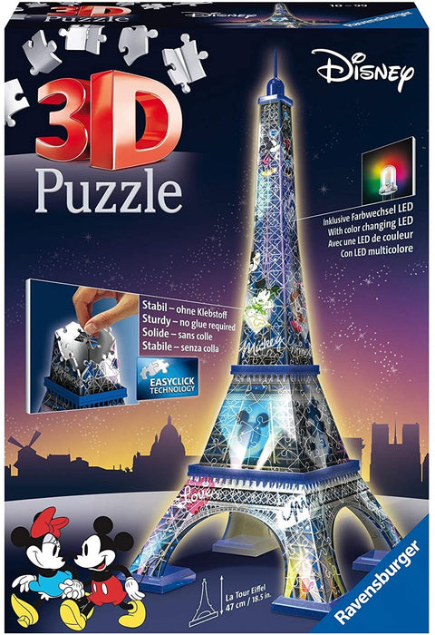 3D galvosūkis Ravensburger Disney Eifelio bokštas su Mickey ir Minnie motyvais, spalvotas, keičiama LED, 47 cm aukštis