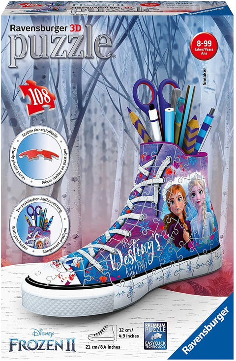 Dėlionė Ravensburger 3D sportbačio formos pieštukinė (purpurinė/mėlyna) su Anna ir Elsa, 108 det., rodoma iš priekio