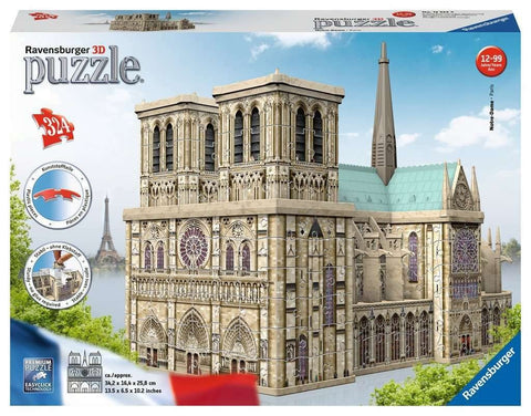 3D dėlionė Notre-Dame Ravensburger, 324 dalių, surinktas fasado ir šonų vaizdas su smėlio spalvos mūro detalėmis