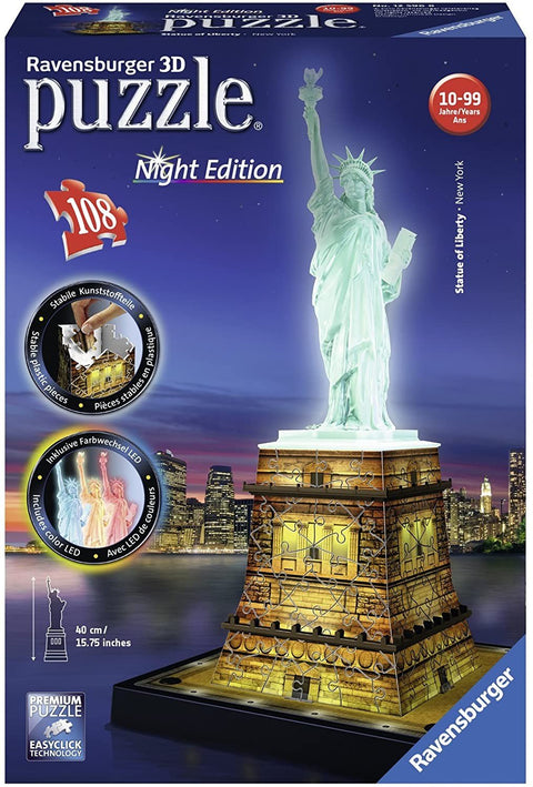 3D dėlionė Ravensburger Naktinis leidimas — Laisvės statula, 108 det., 40 cm, keičiantis spalvas LED ir Niujorko naktinė panorama