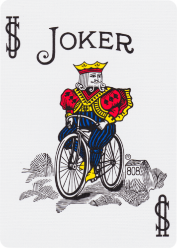 Jokerio korta Bicycle, klasikinis spalvotas karalius važiuoja dviračiu, kortos priekinis piešinys ir detalės